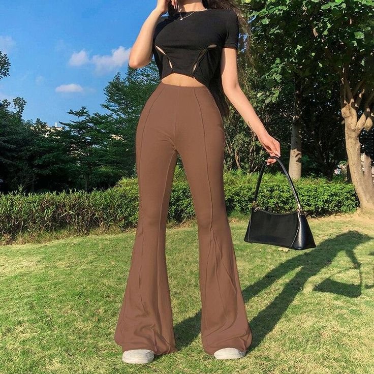 TRENDY ALTERNATIVE HIGH WAIST FLARE SKINNY PANTS - Brown / L TRENDY ALTERNATIVE HIGH WAIST FLARE SKINNY PANTS - Brown / L - brown flare leggings outfit