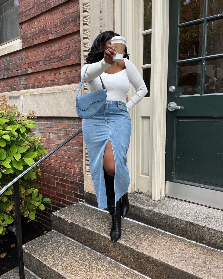 Denim maxi skirt outfit inspo Denim maxi skirt outfit inspo - jean skirt outfits winter