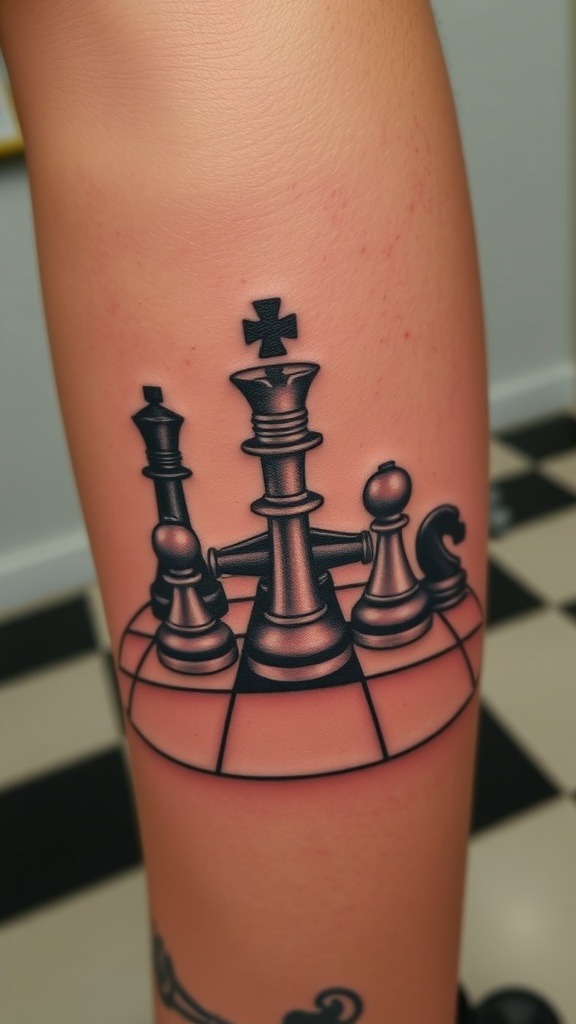 A tattoo of 3D chess pieces on a person's arm.