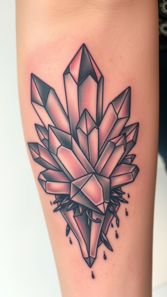 A tattoo of a 3D crystal formation with sharp angles and vibrant colors.
