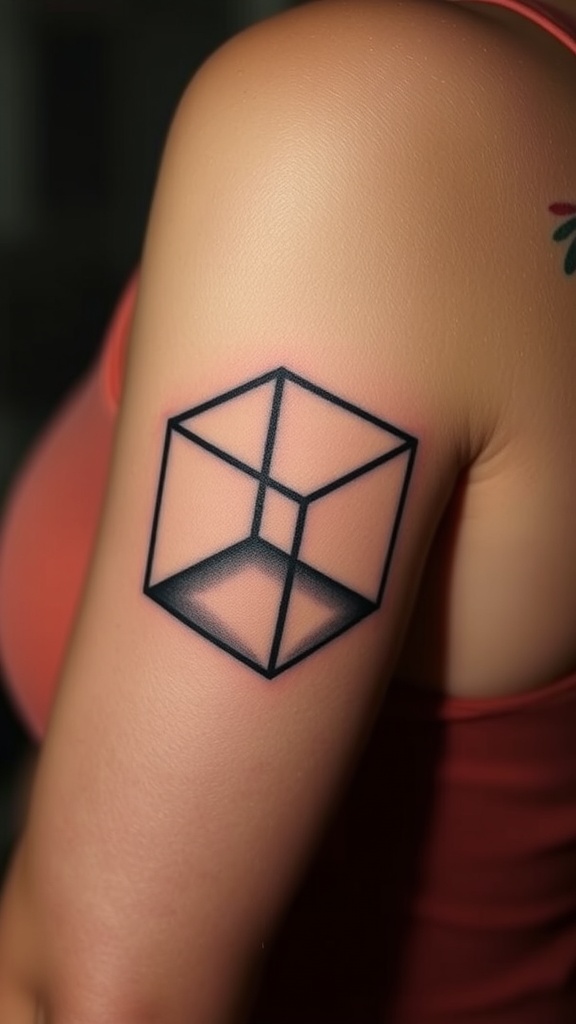 A 3D cube tattoo on the upper arm, showcasing an optical illusion.