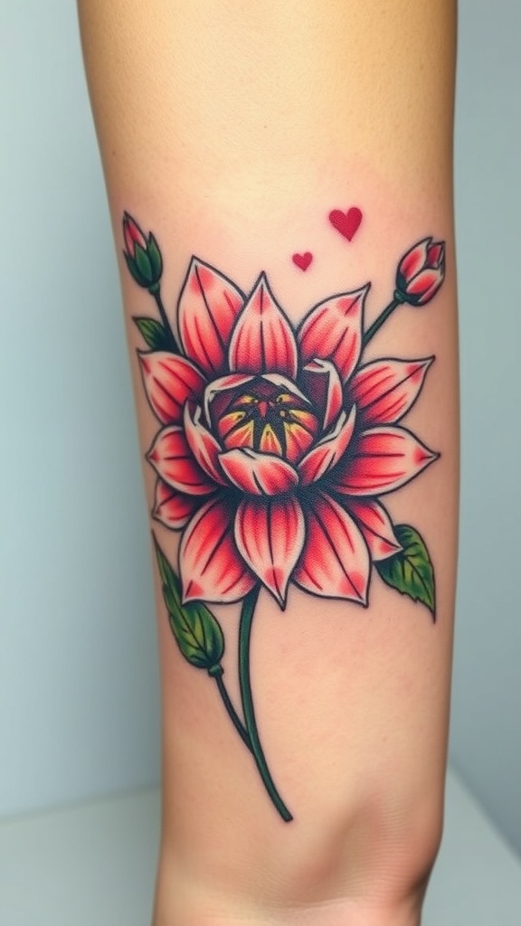 A colorful 3D flower tattoo featuring a pink lotus with green leaves and small hearts.
