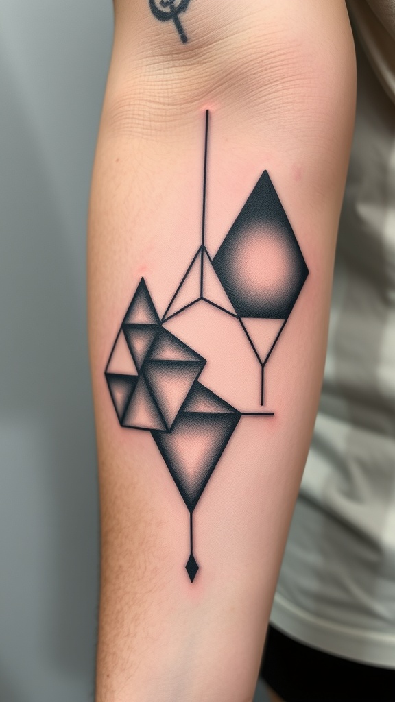 A tattoo featuring 3D geometric shapes in black and pink on a person's arm.