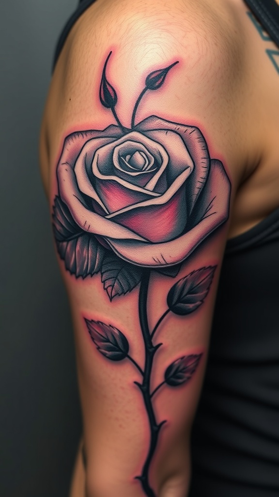 A realistic tattoo of a blooming rose on a person's arm.