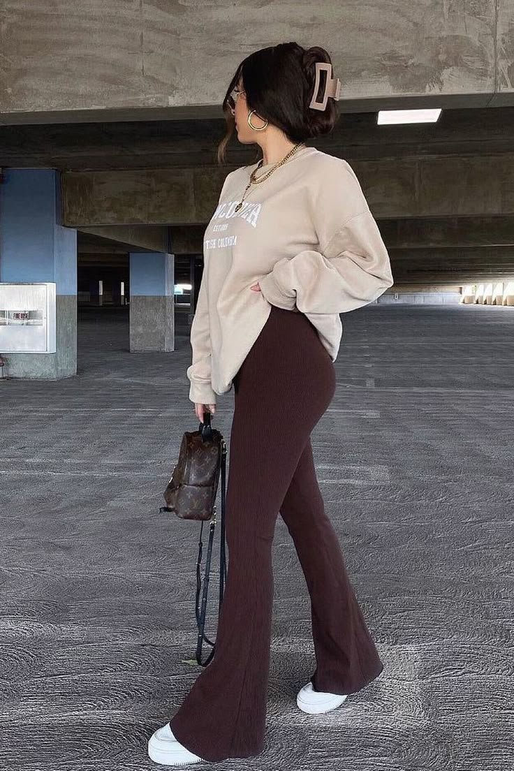 Chocolate Jersey Flare Trousers - Calla Chocolate Jersey Flare Trousers - Calla - brown flare leggings outfit