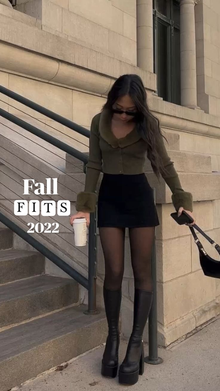 Fall outfits 2022. New fall style. Trendy fall outfits. black tights with mini skirt. Tall boots. Fall outfits 2022. New fall style. Trendy fall outfits. black tights with mini skirt. Tall boots. - skirt with tights