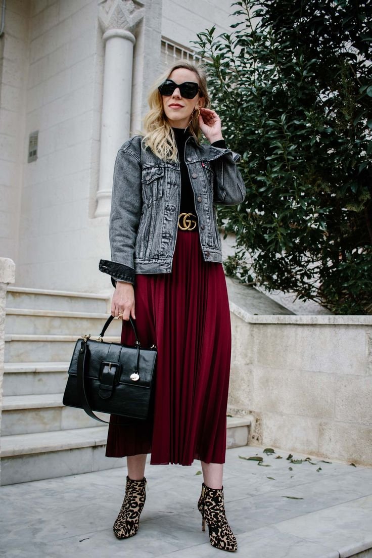 Black Denim Jacket & Burgundy Pleated Skirt - Meagan's Moda Black Denim Jacket & Burgundy Pleated Skirt - Meagan's Moda - burgundy skirt outfit