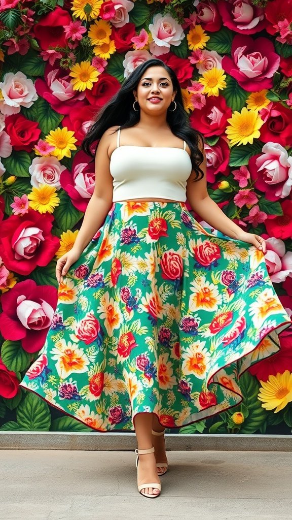 A woman wearing a floral A-line midi skirt with a white crop top, standing in front of a vibrant flower wall.