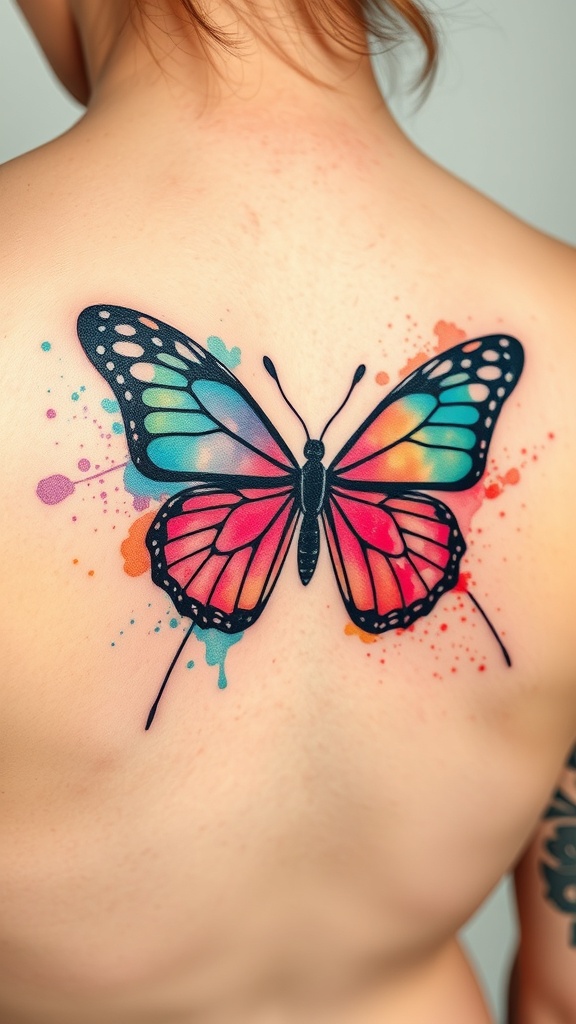 A colorful abstract butterfly tattoo on a person's back.