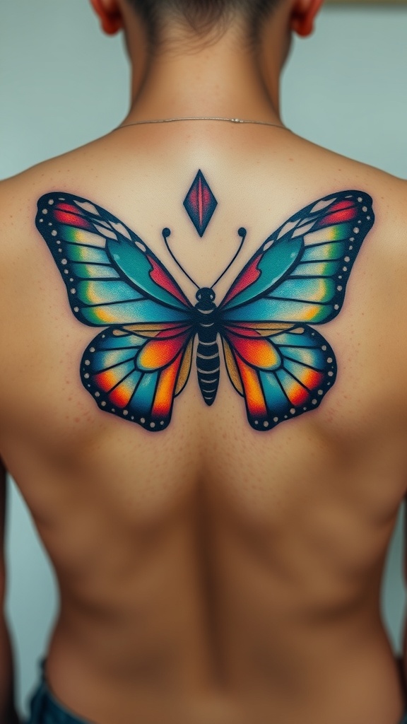 A colorful abstract butterfly tattoo on a person's back featuring symmetrical shapes.