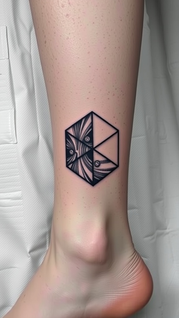 Abstract cube tattoo on the ankle with intricate details
