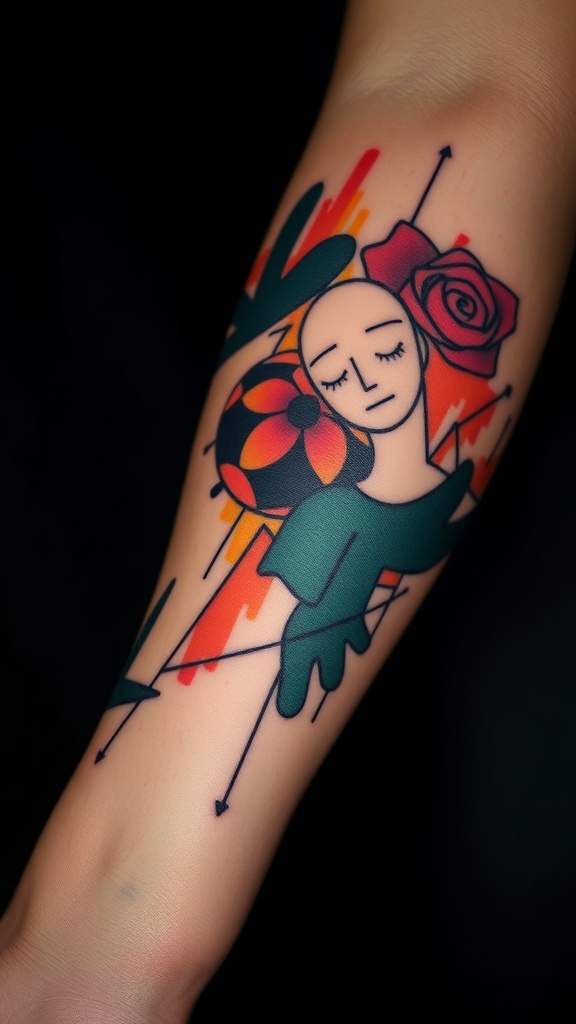 A surrealistic tattoo featuring a serene figure with a rose and colorful elements.
