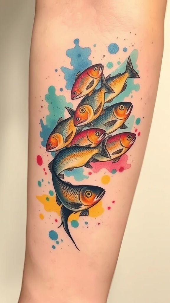 Colorful abstract tattoo of a school of fish with splashes of paint
