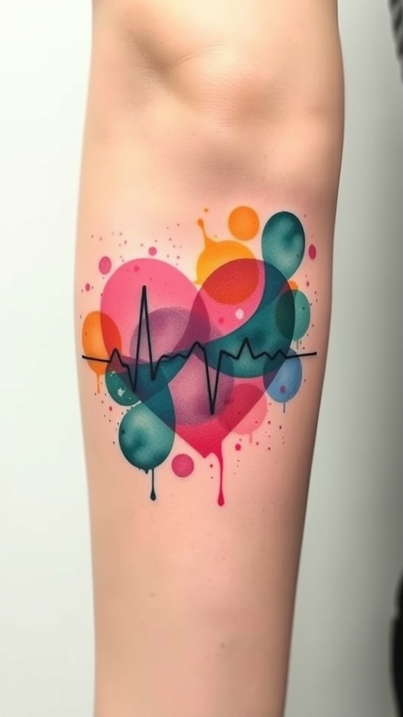 Colorful abstract heartbeat line tattoo on a person's chest