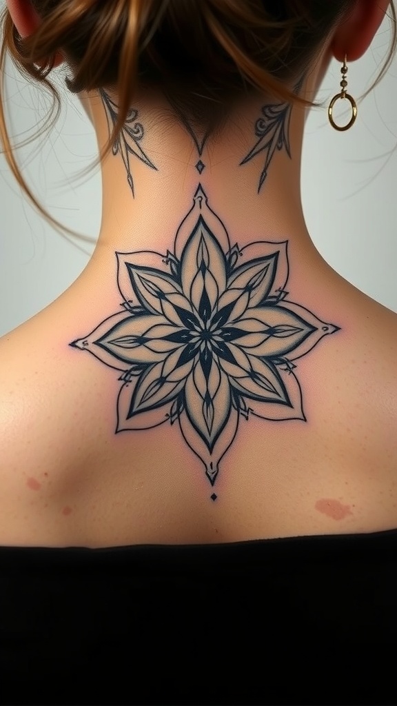 Abstract Lily Mandala tattoo on the back of a person's neck