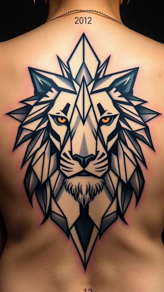 Abstract lion head tattoo with a faceted design on a person's back