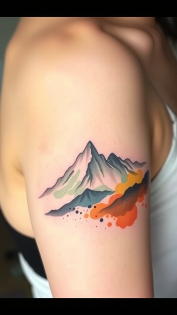Abstract watercolor splash tattoo of a mountain range
