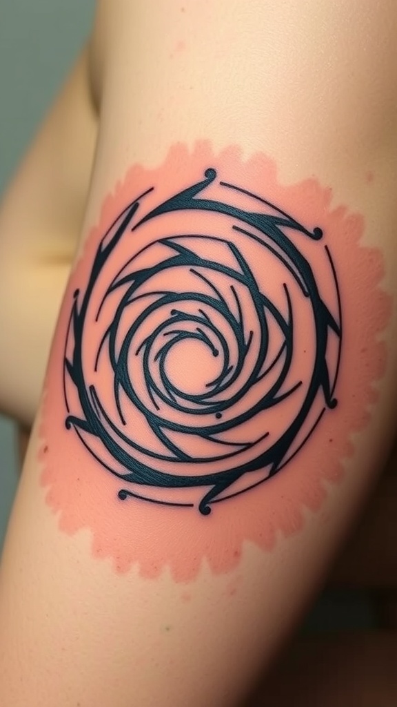 An abstract spiral design tattoo featuring swirling lines in black ink.