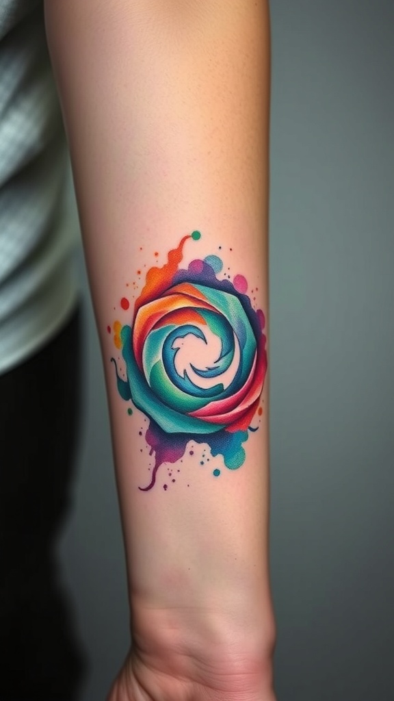 A colorful spiral tattoo on a person's forearm, showcasing vibrant watercolor splashes.