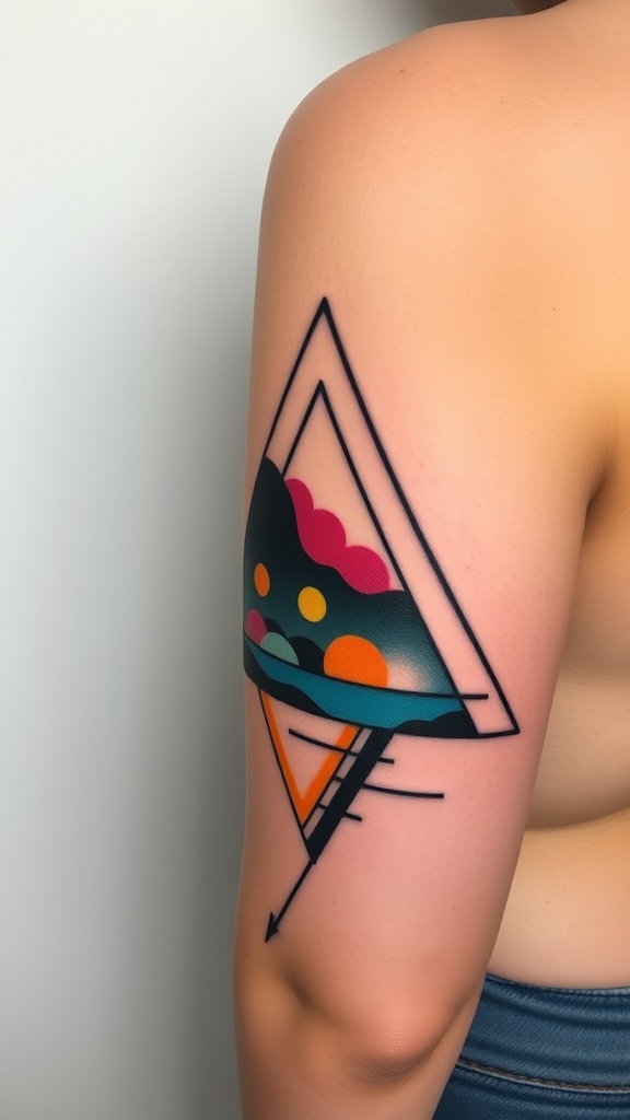 A colorful abstract triangle tattoo on the upper arm featuring vibrant shapes and lines.