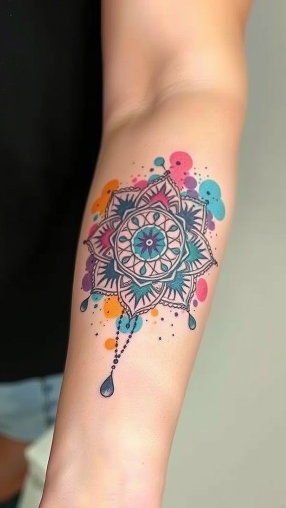 Colorful abstract watercolor mandala tattoo on forearm.