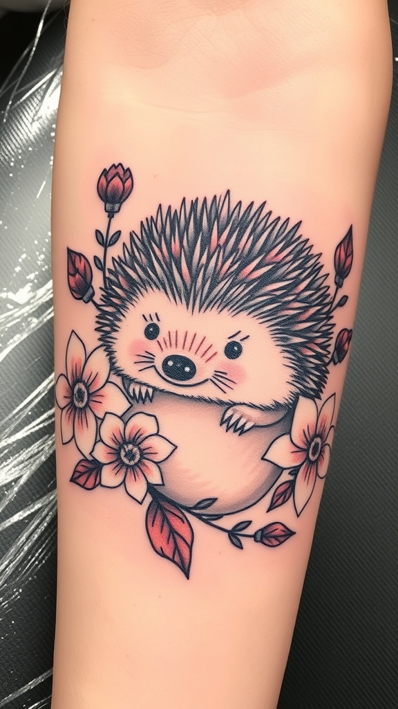 Tattoo of a hedgehog surrounded by flowers