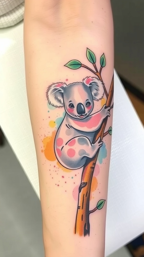 Watercolor tattoo of a koala clinging to a tree