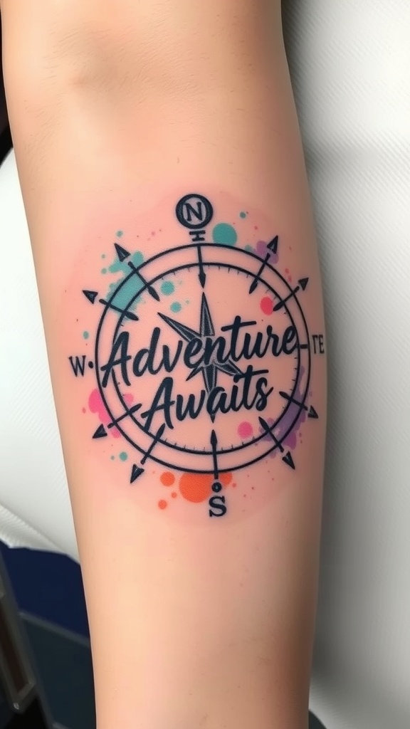 Colorful compass tattoo with the words 'Adventure Awaits'