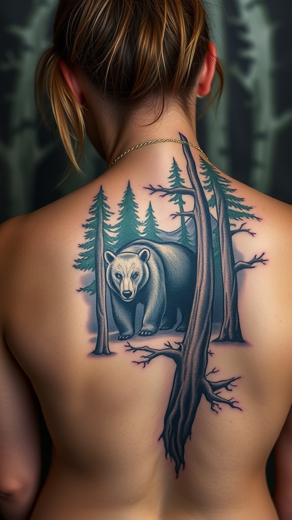 Realistic bear tattoo on a person's back surrounded by trees