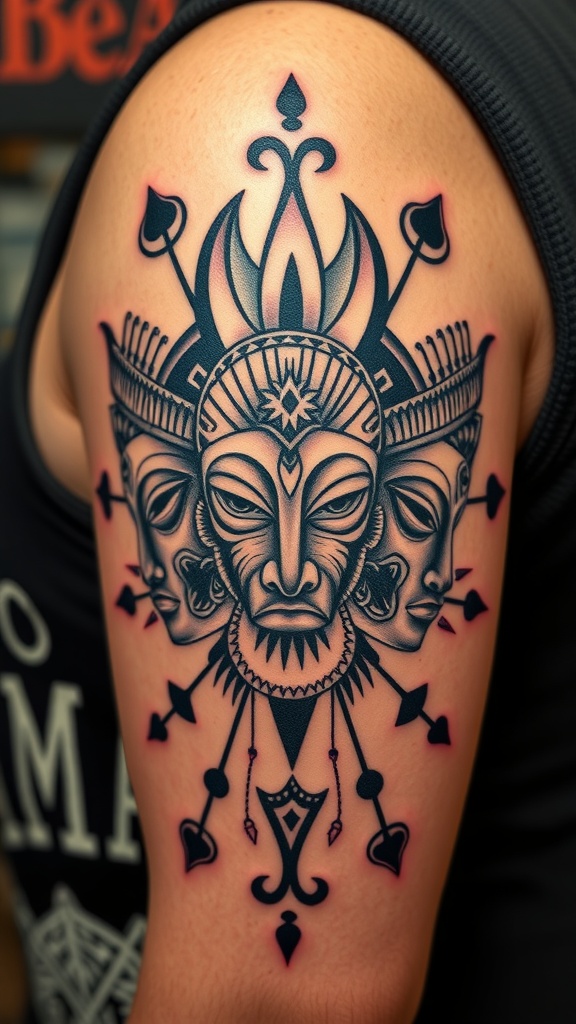 A detailed tattoo of an African tribal mask with intricate designs.