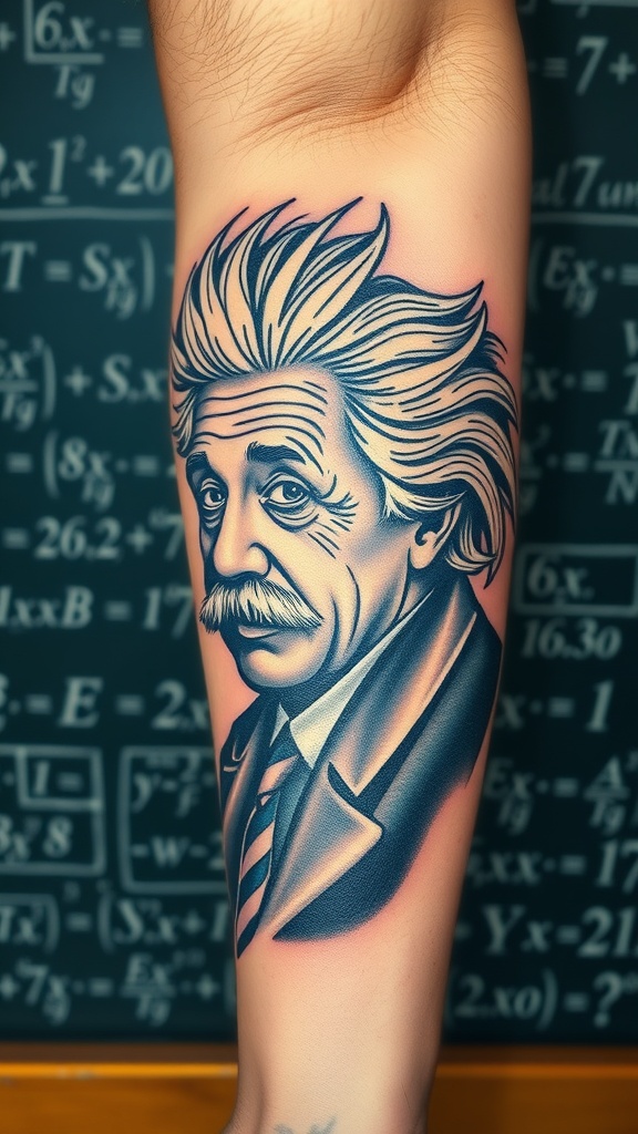 Tattoo of Albert Einstein on a person's arm, showcasing his distinctive hairstyle and expression.