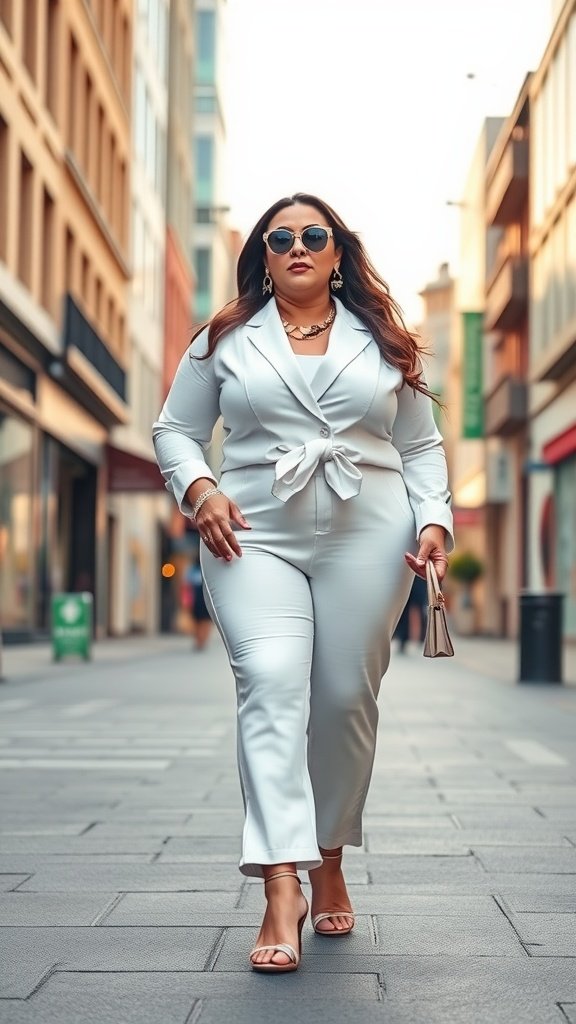 A confident woman walking in a stylish all-white outfit with statement accessories, showcasing a chic spring look.