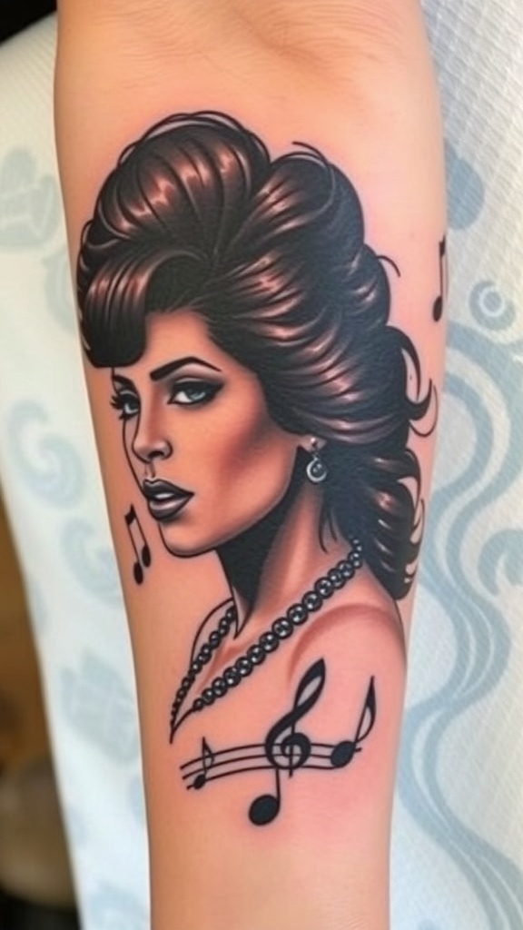 Tattoo of a woman with a beehive hairstyle and musical notes, inspired by Amy Winehouse.