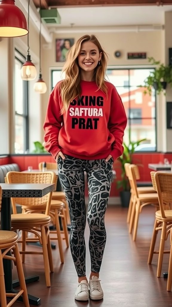 Woman wearing animal print leggings and a red graphic sweatshirt, smiling in a cozy cafe.