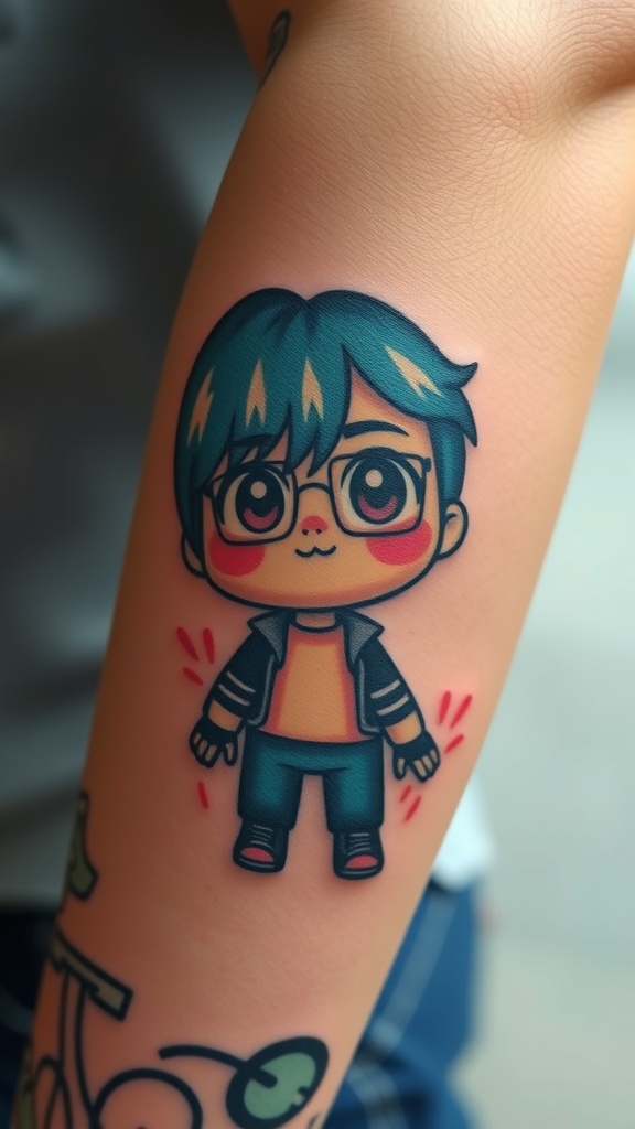 Tattoo of a cute animated character with blue hair and glasses on a person's arm.