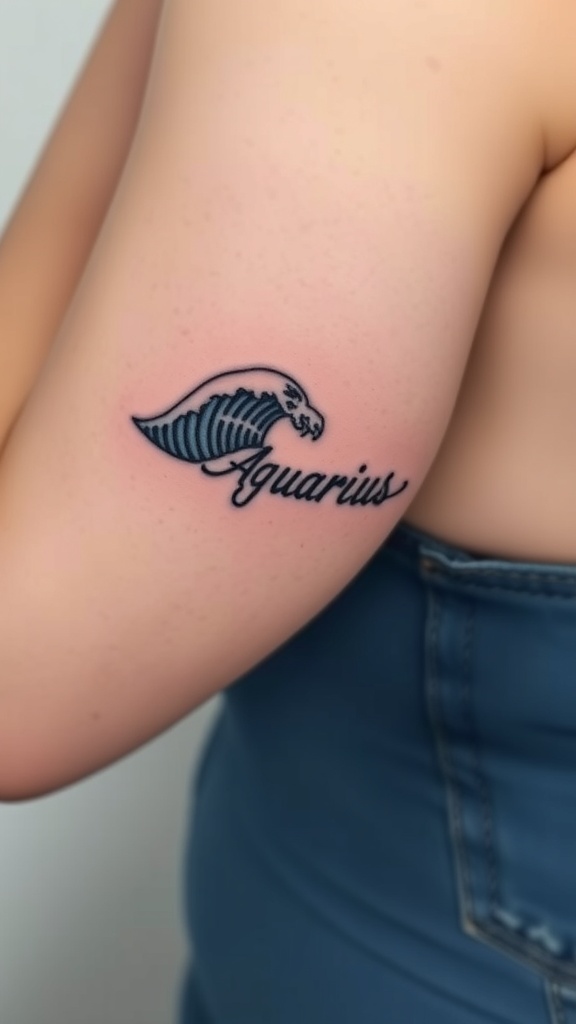 Aquarius tattoo featuring waves and elegant script