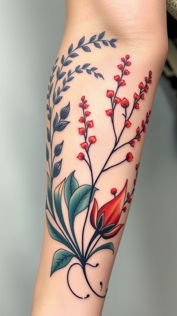 A colorful aquatic plant tattoo featuring red flowers and green leaves on a forearm.