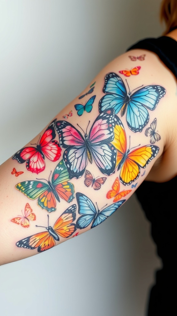 A collage of colorful butterfly tattoos on a person's back.