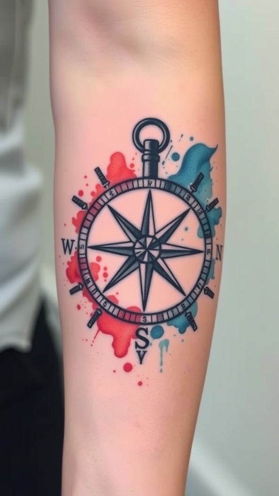 A colorful compass tattoo featuring red and blue abstract paint splashes.