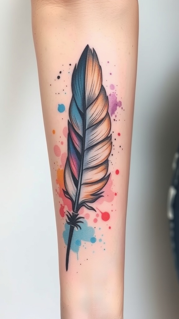 A colorful watercolor feather tattoo with ink splashes