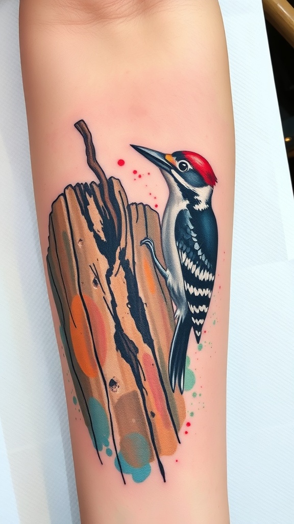 Woodpecker tattoo on a tree stump with colorful splashes