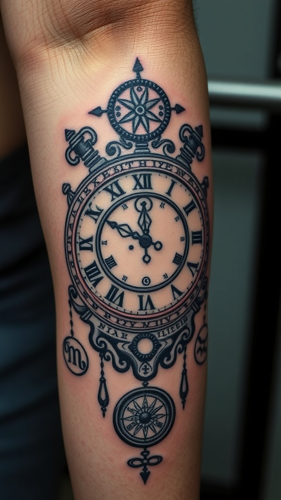 Astrological clock tattoo featuring zodiac signs and intricate designs.