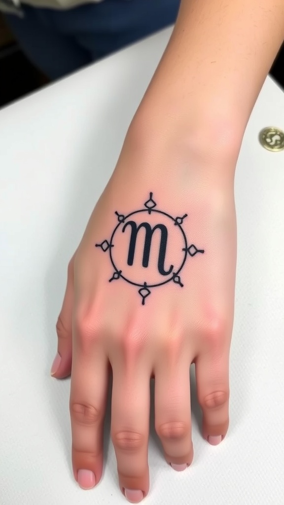 A close-up of a hand with a Scorpio zodiac sign tattoo on the back.