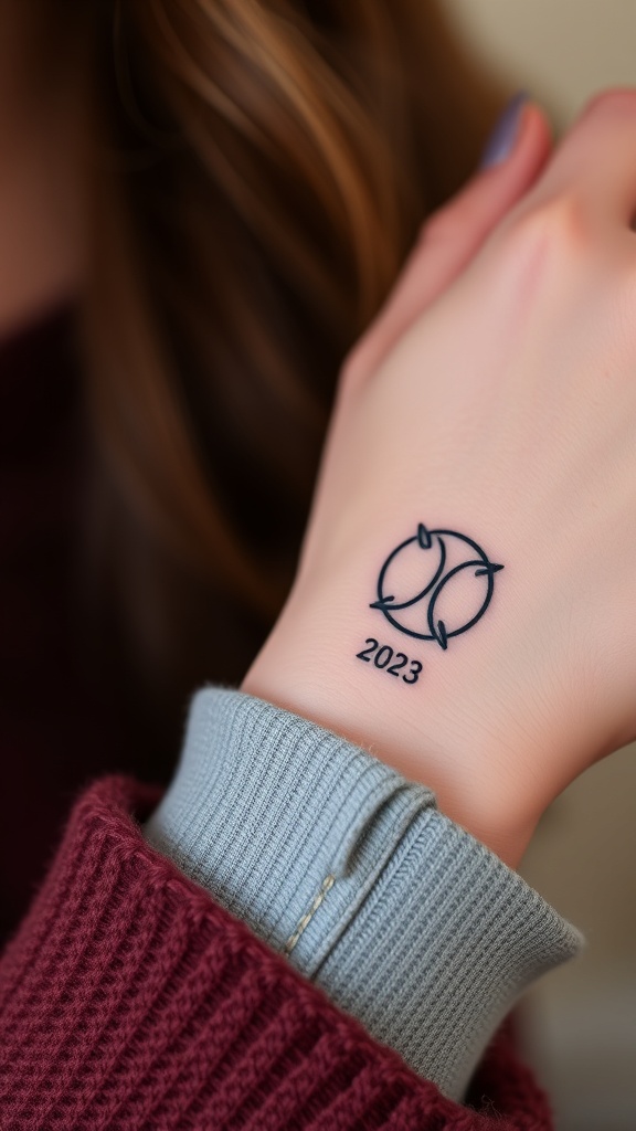 A close-up of a hand with a tattoo of an astrology symbol and the year 2023.