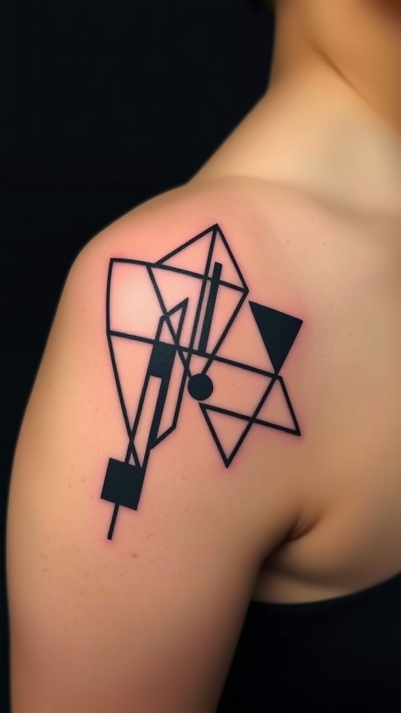 A close-up of an asymmetrical geometric tattoo featuring a diamond shape and a rose.