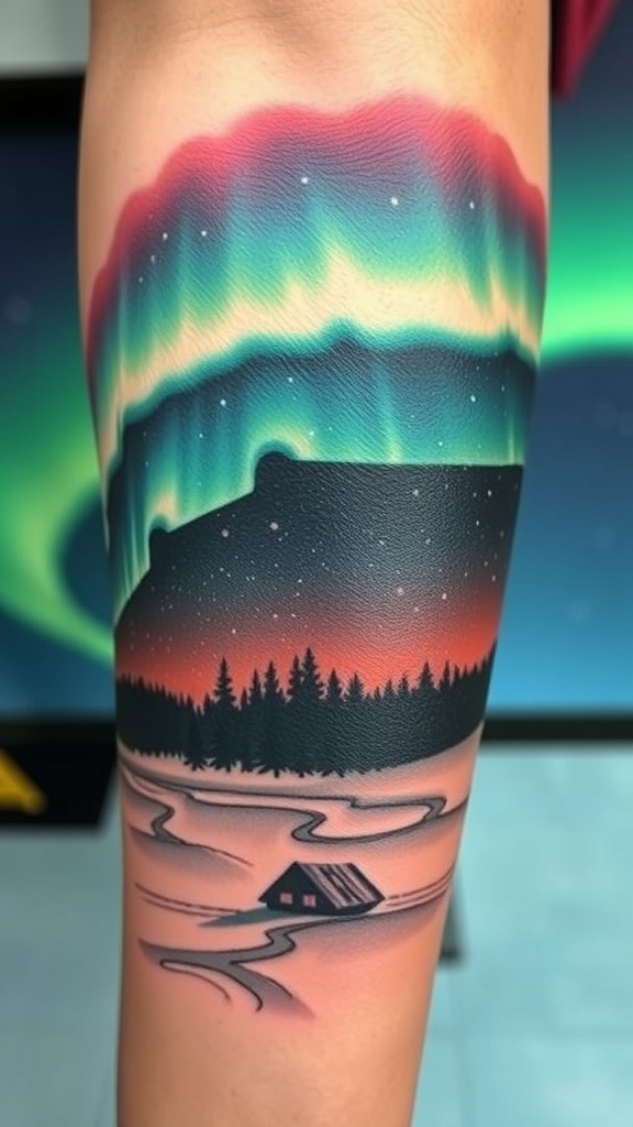 A tattoo of the Aurora Borealis featuring vibrant colors over a snowy landscape with a small cabin.