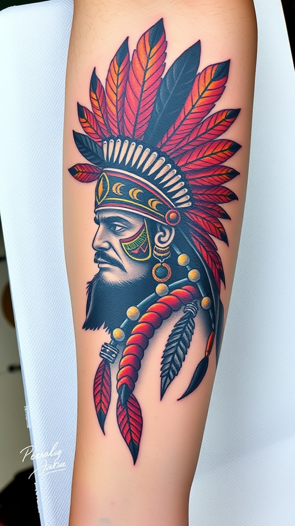 Tattoo of an Aztec warrior with a feathered headdress on a person's arm.