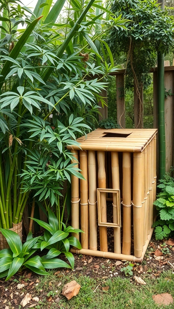 A bamboo compost bin surrounded by green plants