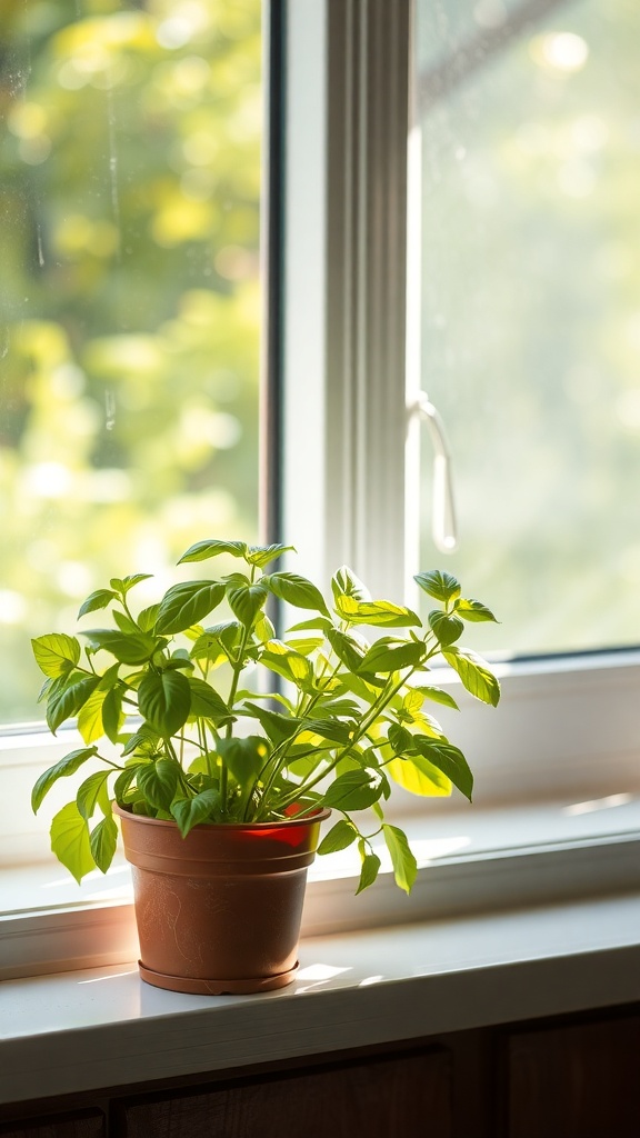 A potted basil plant on a windowsill, basking in sunlight.