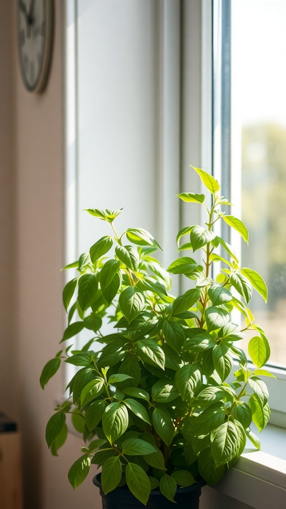 A vibrant basil plant growing by a window